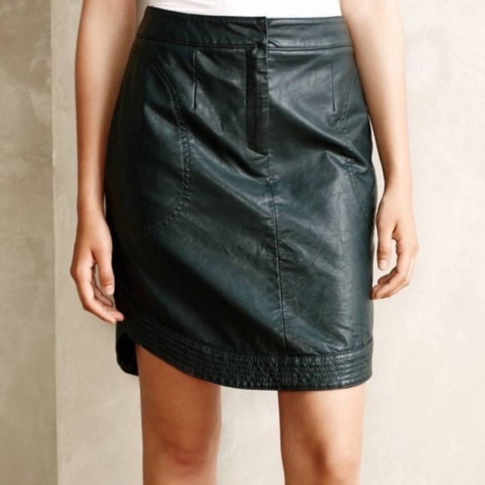 Anthropologie Maeve Dark Green Vegan Leather Rounded Pencil Skirt - Size 4